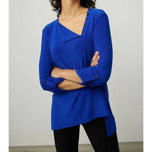 Sympli Asymmetrical Button Tunic Top Womens 12 Royal Blue 3/4 Tab Sleeve Jersey
